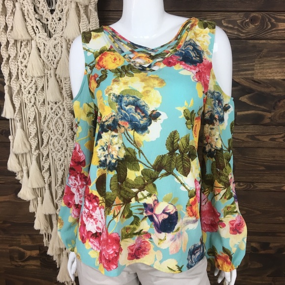 entro Tops - Entro | Strappy Criss Cross Cold Shoulder Floral